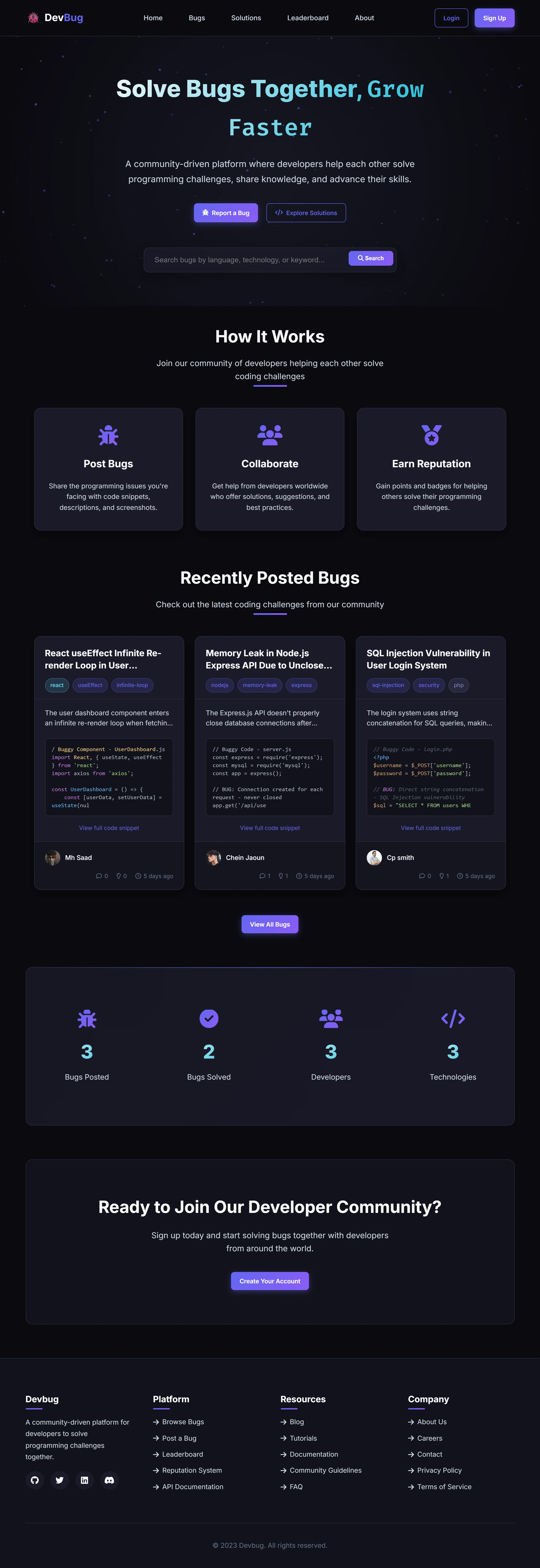 DevBug Main Dashboard
